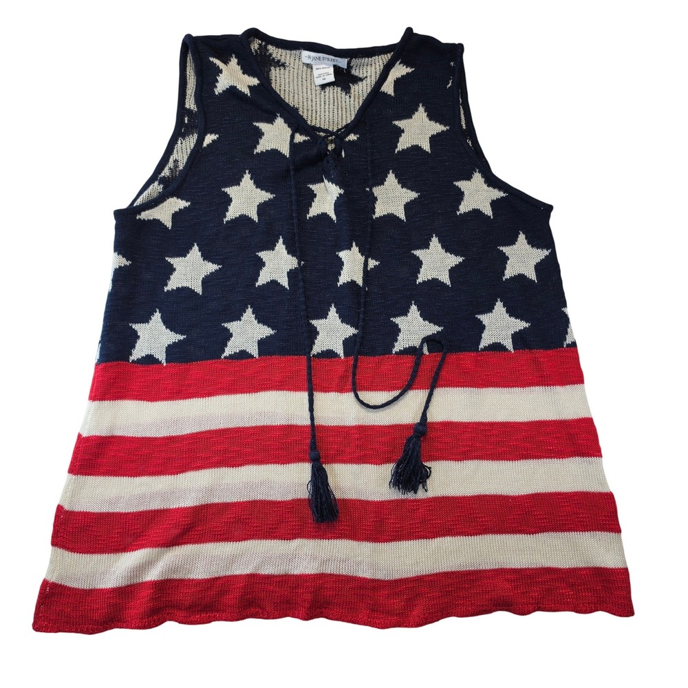 99 Jane Street‎ Womens 1X American Flag Knit Sweater Vest Tassel Tie Patriotic